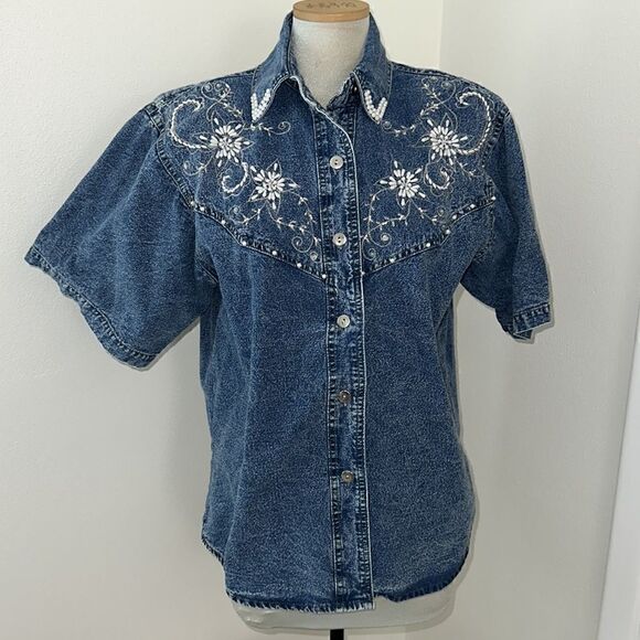 Denim jean Pearl embellished vintage button up down shirt western small s - Picture 2 of 8